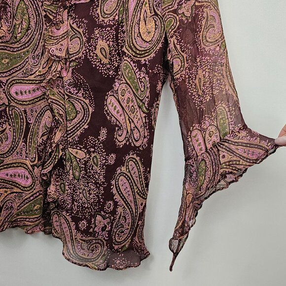 Vintage Y2K Avenue Silk Top Sheer Ruffles Flared Sleeves Jewel Tone Fairy Whimsy - Picture 4 of 11